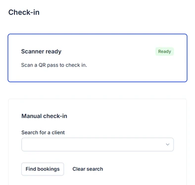 PopCal check-in screen with QR code scanner and manual booking lookup.